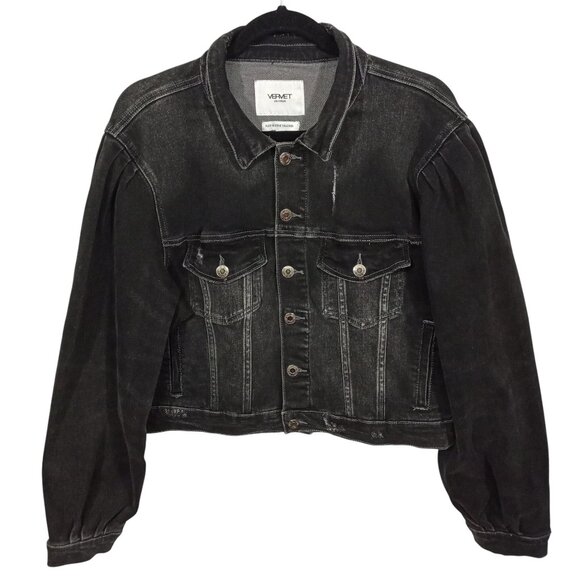 Vervet LA Womens Trucker Denim Jacket Size L Puff Sleeve Distressed Pockets - Picture 1 of 7